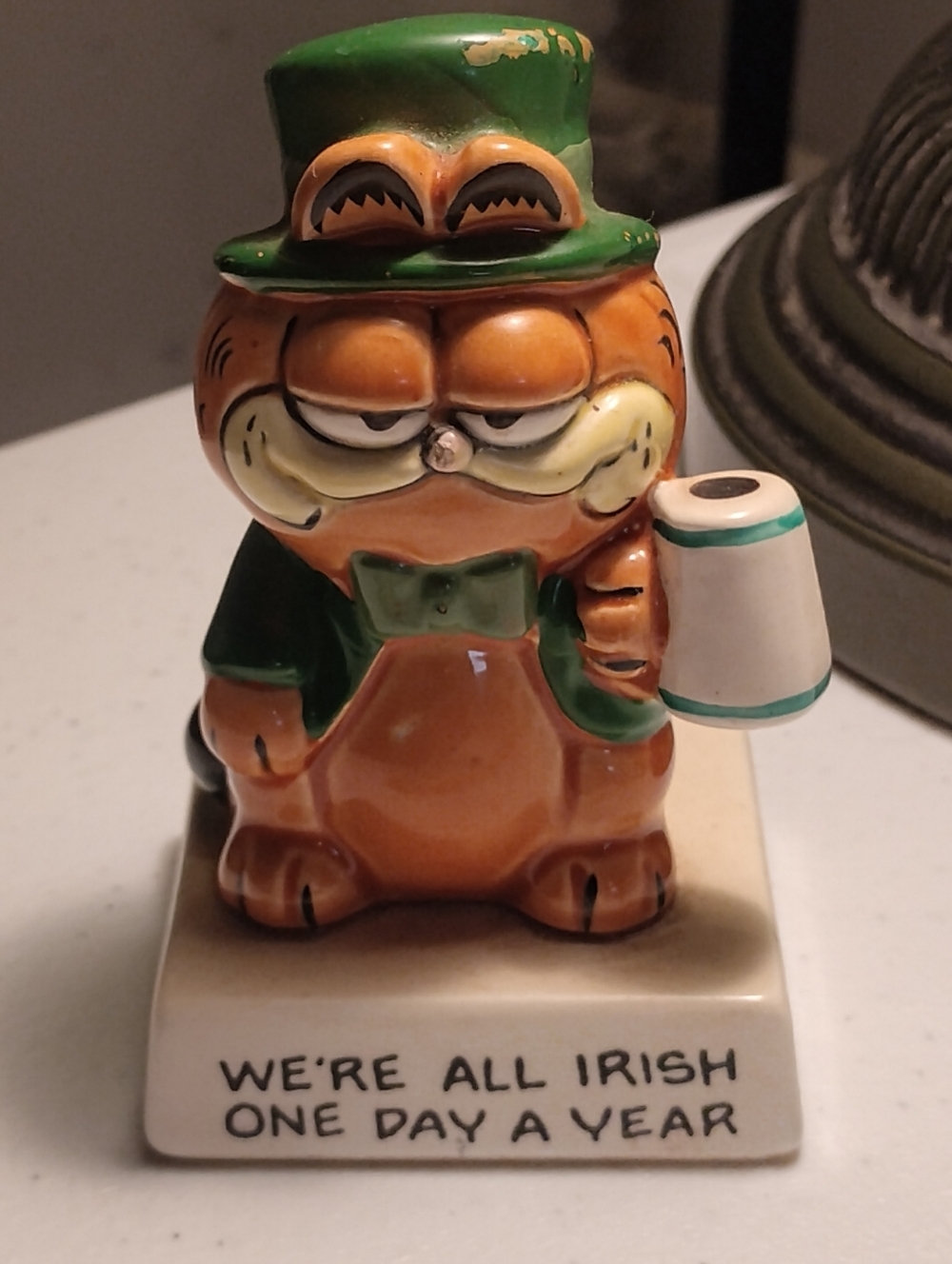 Vintage  80s Enesco Ceramic Garfield Figurine - St. Patrick's Theme